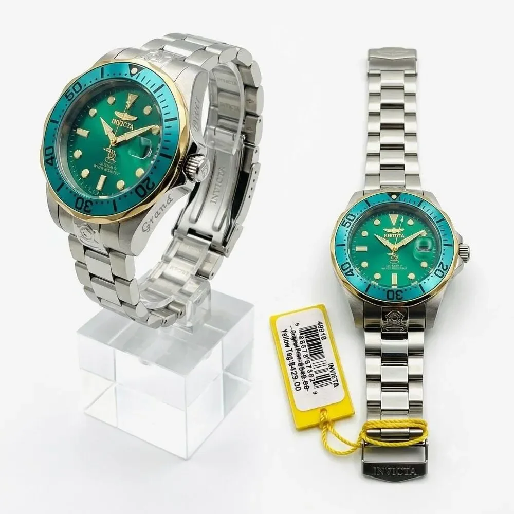 Mens Automatic Emerald Green Dial Diver Watch, Stainless Steel Gold Bracelet